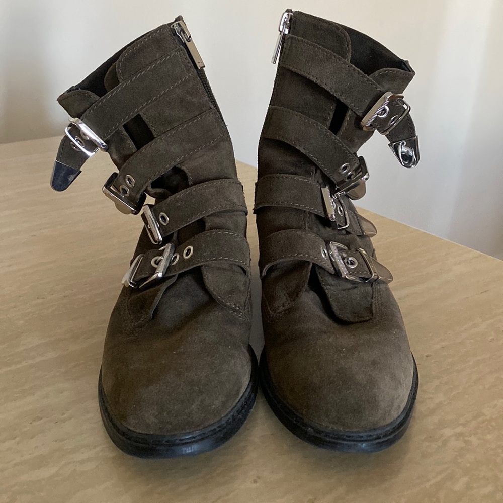 Marc Fisher Dark Green Suede Combat Boots with Silver Buckle Detail
